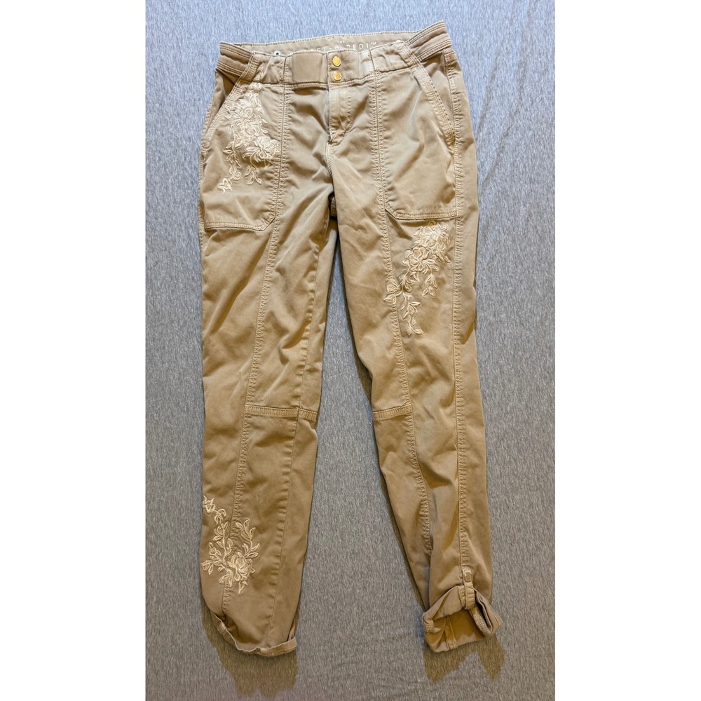 White House Black Market Pret-A-Pedi Khaki Floral Embroidered Utility Pants 2